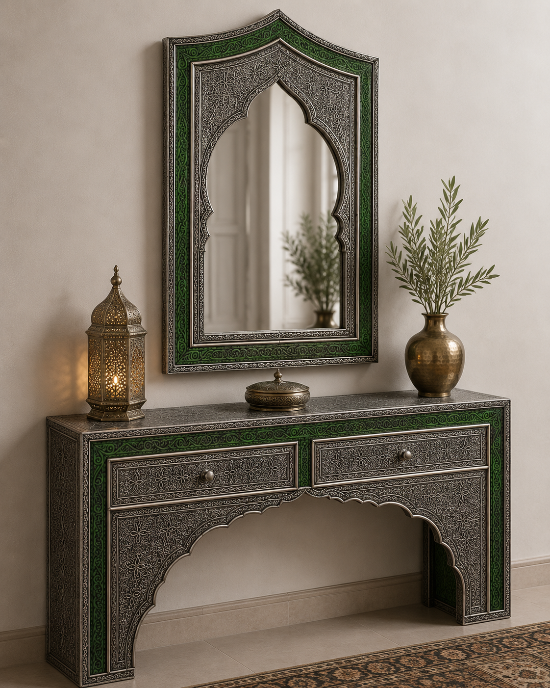 Duo Miroir Console Ciselé Argenté